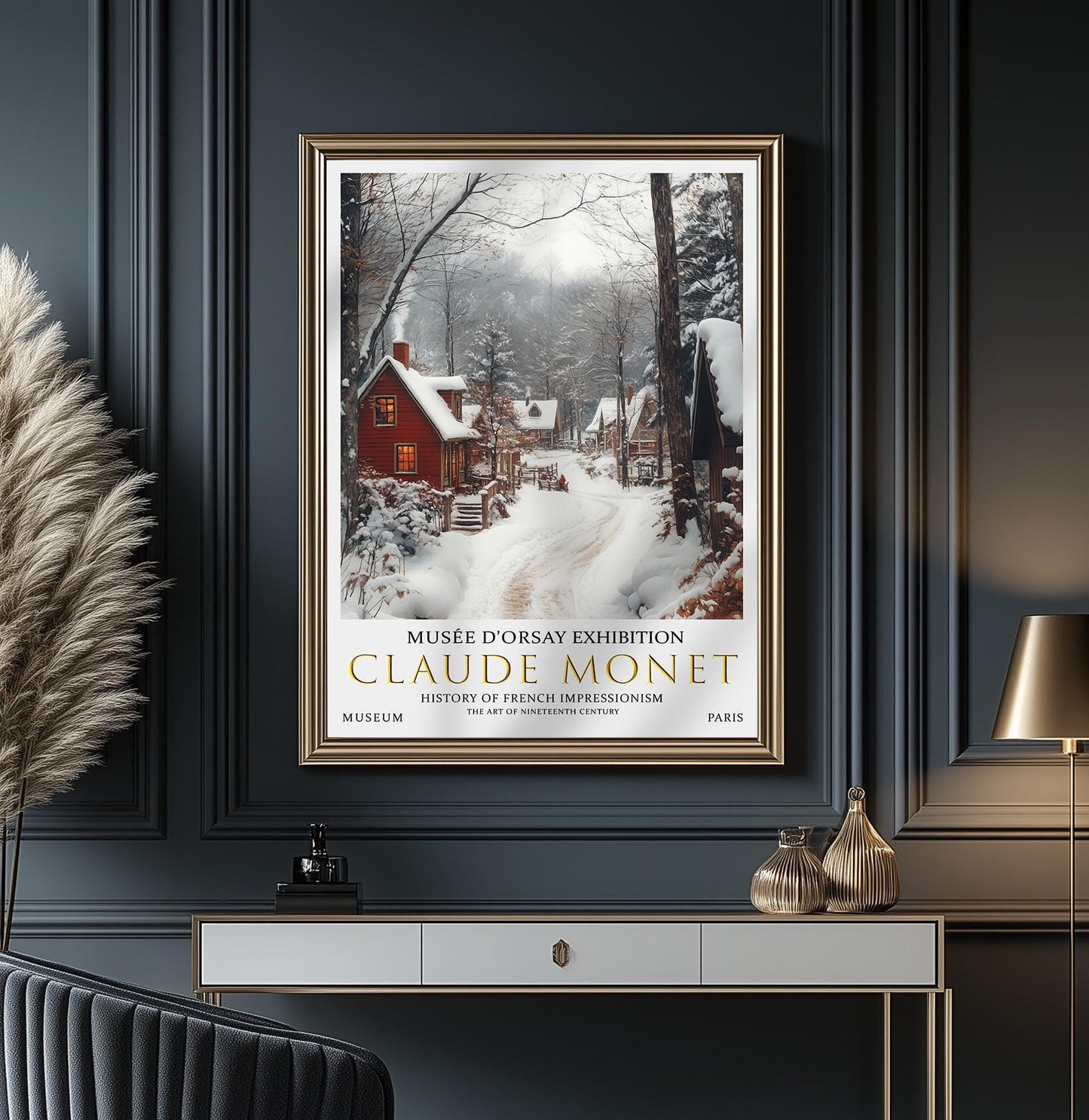 Print, Claude Monet Winter Village, Impressionist Snow Scene Wall Art