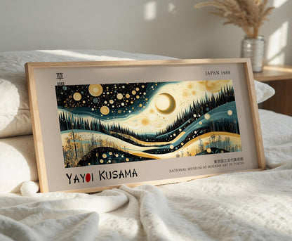 Japanese Moon & Stars Panoramic Print | Modern Japandi Wall Art | Abstract Landscape Poster | Zen Nature Decor | Museum Exhibition Print