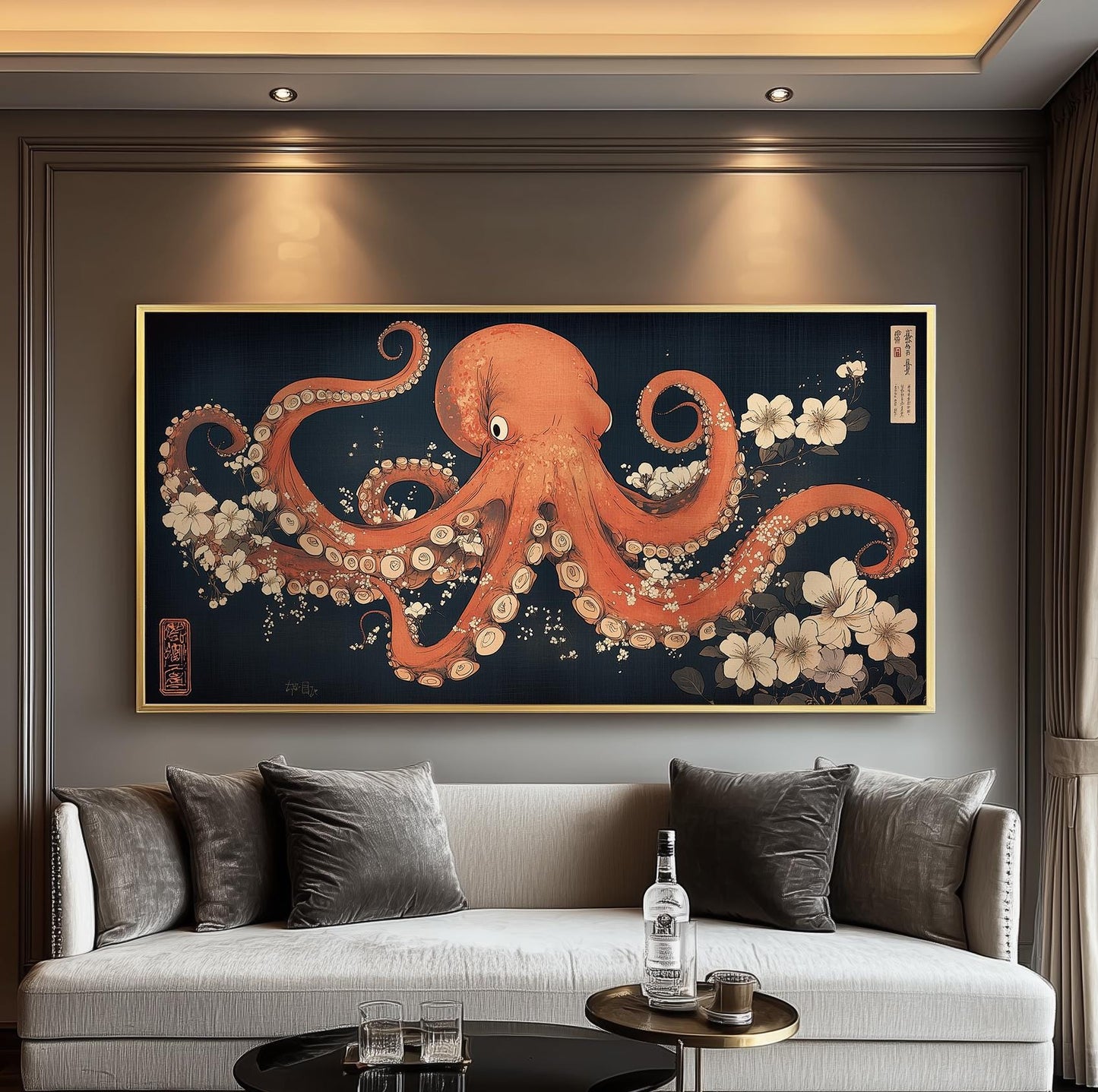 Print, Japanese Octopus Ukiyo-e Style, Panoramic Floral Wall Art