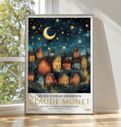 Vintage Moon & Stars Poster – Claude Monet Night Village Wall Art