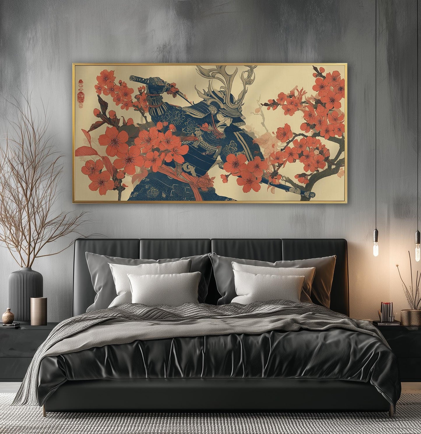 Japanese Samurai Panoramic Print - Japanese Warrior & Cherry Blossom Poster, Japandi Art, Ukiyo-e Décor Artwork for Living Room