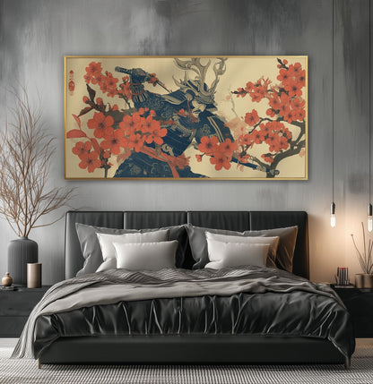 Japanese Samurai Panoramic Print - Japanese Warrior & Cherry Blossom Poster, Japandi Art, Ukiyo-e Décor Artwork for Living Room