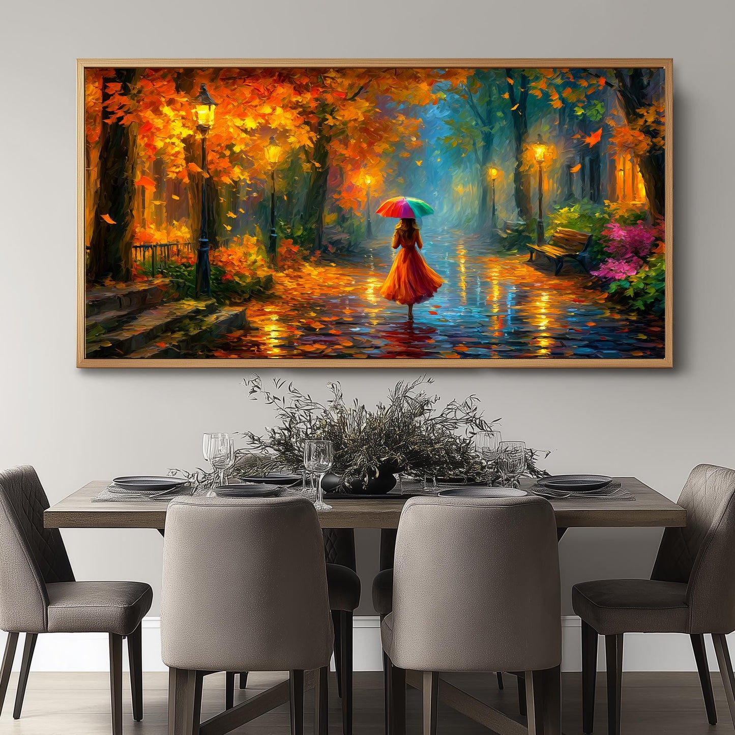 Colourful Umbrella Autumn Park PANORAMIC WALL ART Picture Print