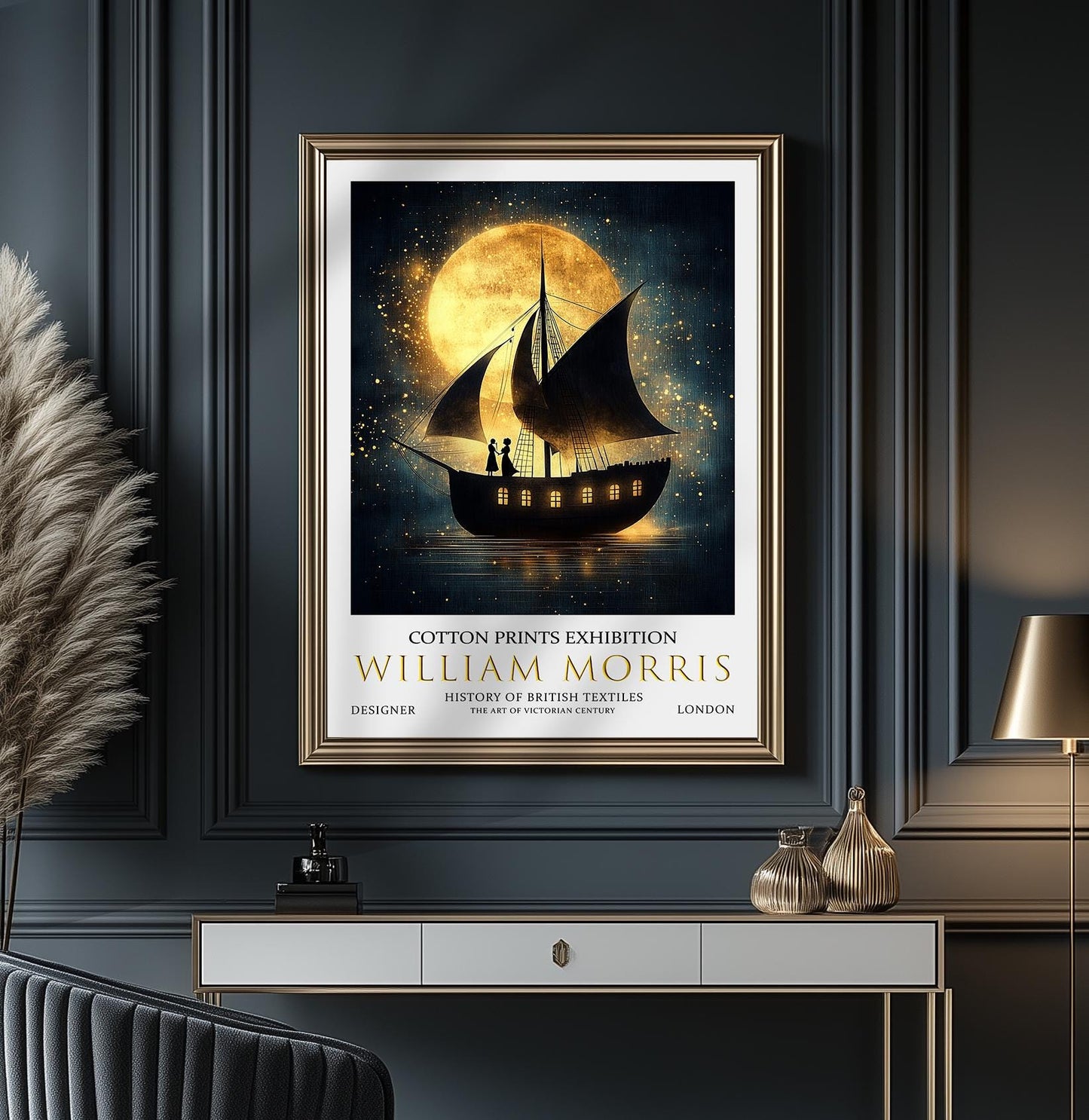 William Morris Print: Vintage Sailboat & Moon Art