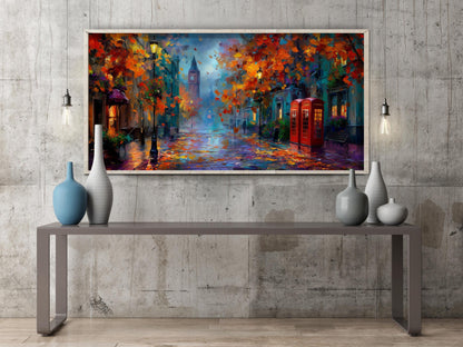 Panoramic London Impressionist Oil Painting – Big Ben – Red Phone Box – Art Print
