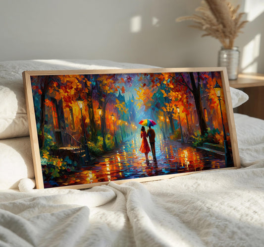 Romantic Couple Wall Art, Rainy Street Panoramic Print, Colourful Umbrella Art, Impressionist Autumn Decor