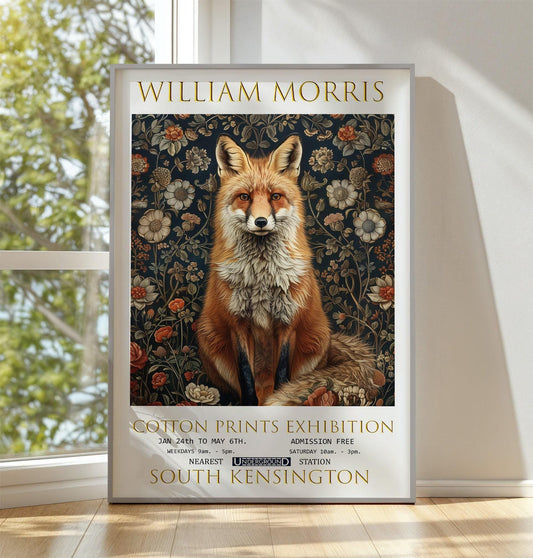 Fox Art Print, William Morris Style Floral Poster, Vintage Woodland Wall Decor