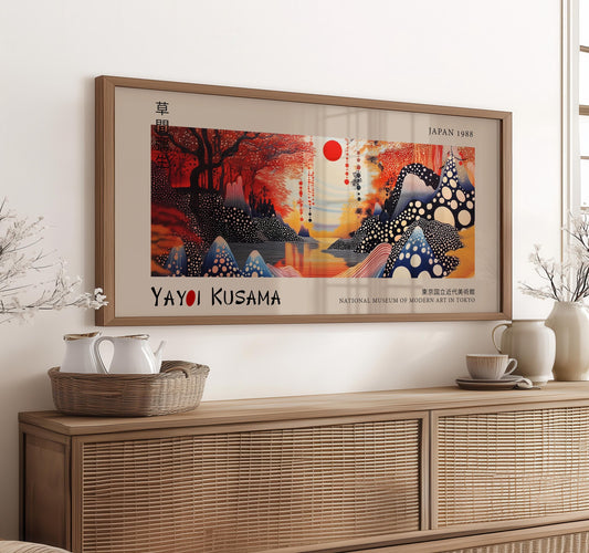Japanese Landscape Panoramic Art – Red Sun Print – Abstract Wall Art