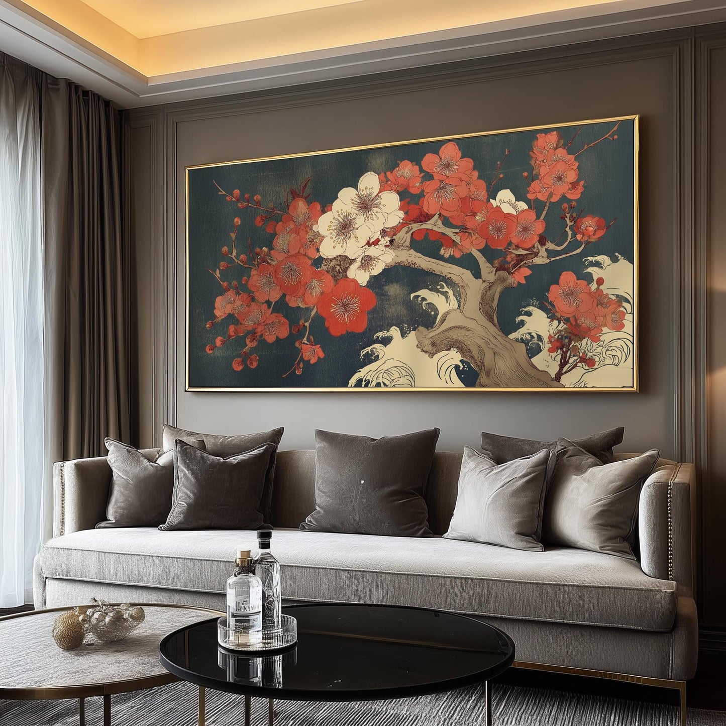Japanese Plum Blossom Panoramic Print: Vintage Ukiyo-e Ocean Wave Art