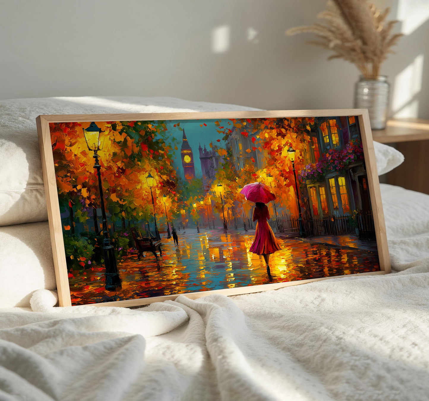 London Panoramic Print, Big Ben Wall Art, Rainy London Wall Art, Colourful Umbrella, Impressionist Art Print