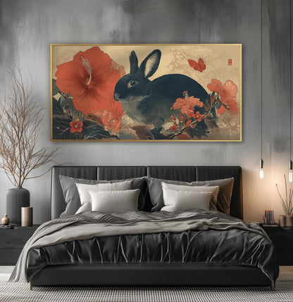 Japanese Rabbit Print, Ukiyo-e Floral Nature Panoramic Wall Art