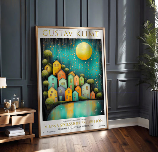 Art Nouveau Wall Art – Gustav Klimt Inspired Night Village Painting on Premium Paper