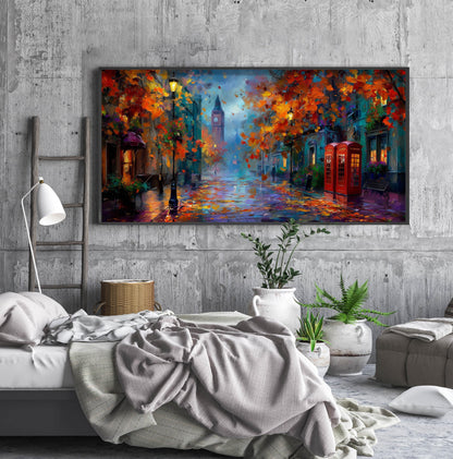 Panoramic London Impressionist Oil Painting – Big Ben – Red Phone Box – Art Print