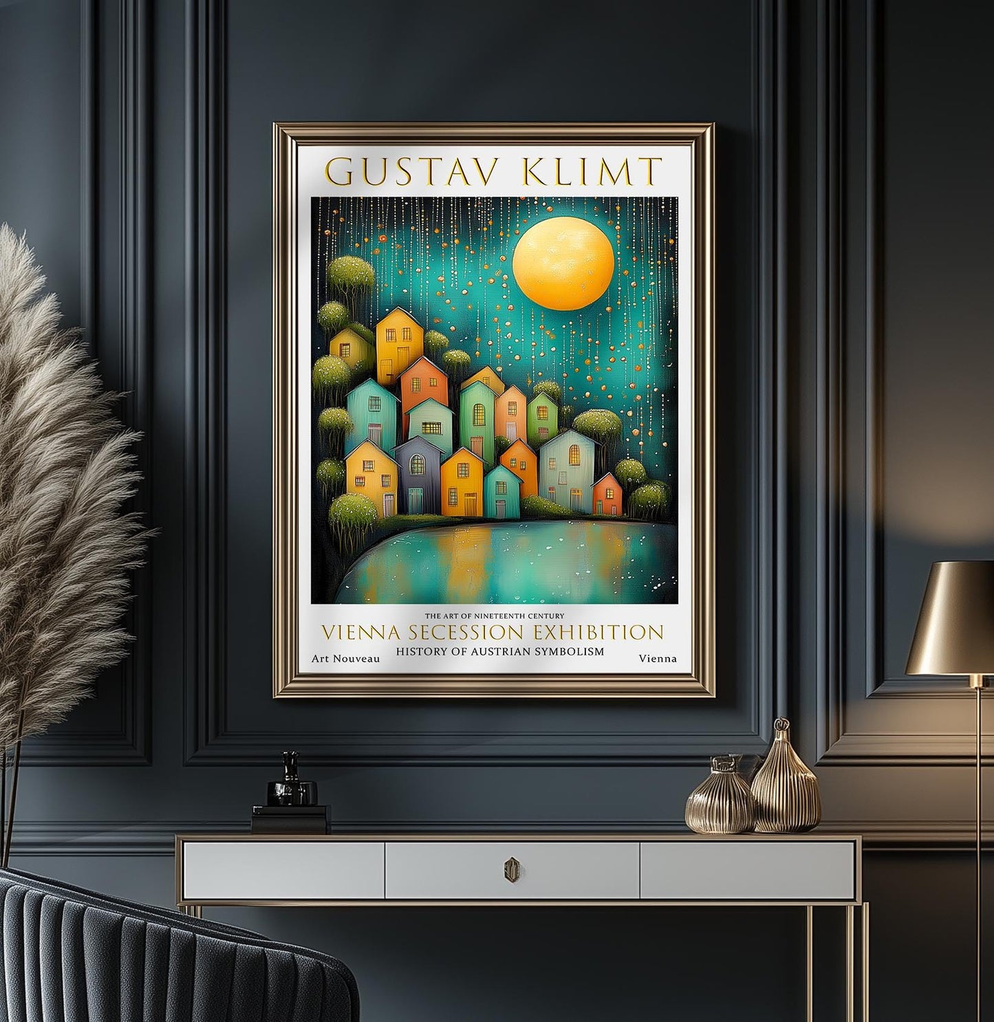 Art Nouveau Wall Art – Gustav Klimt Inspired Night Village Painting on Premium Paper