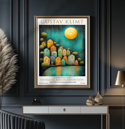 Art Nouveau Wall Art – Gustav Klimt Inspired Night Village Painting on Premium Paper