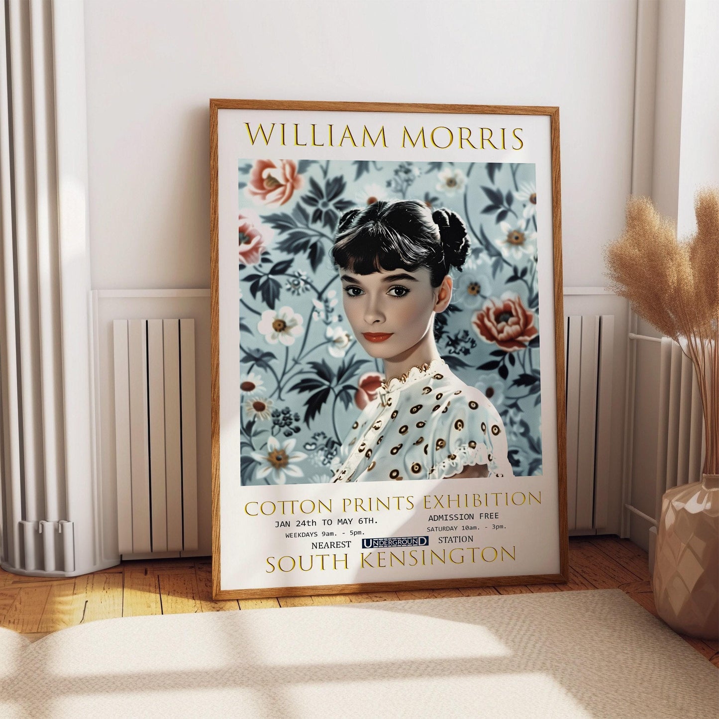 William Morris Exhibition Print: Audrey Hepburn, Vintage Textiles Art