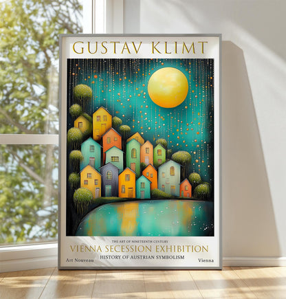 Print: Gustav Klimt Night Village, Art Nouveau Starry Landscape Wall Art