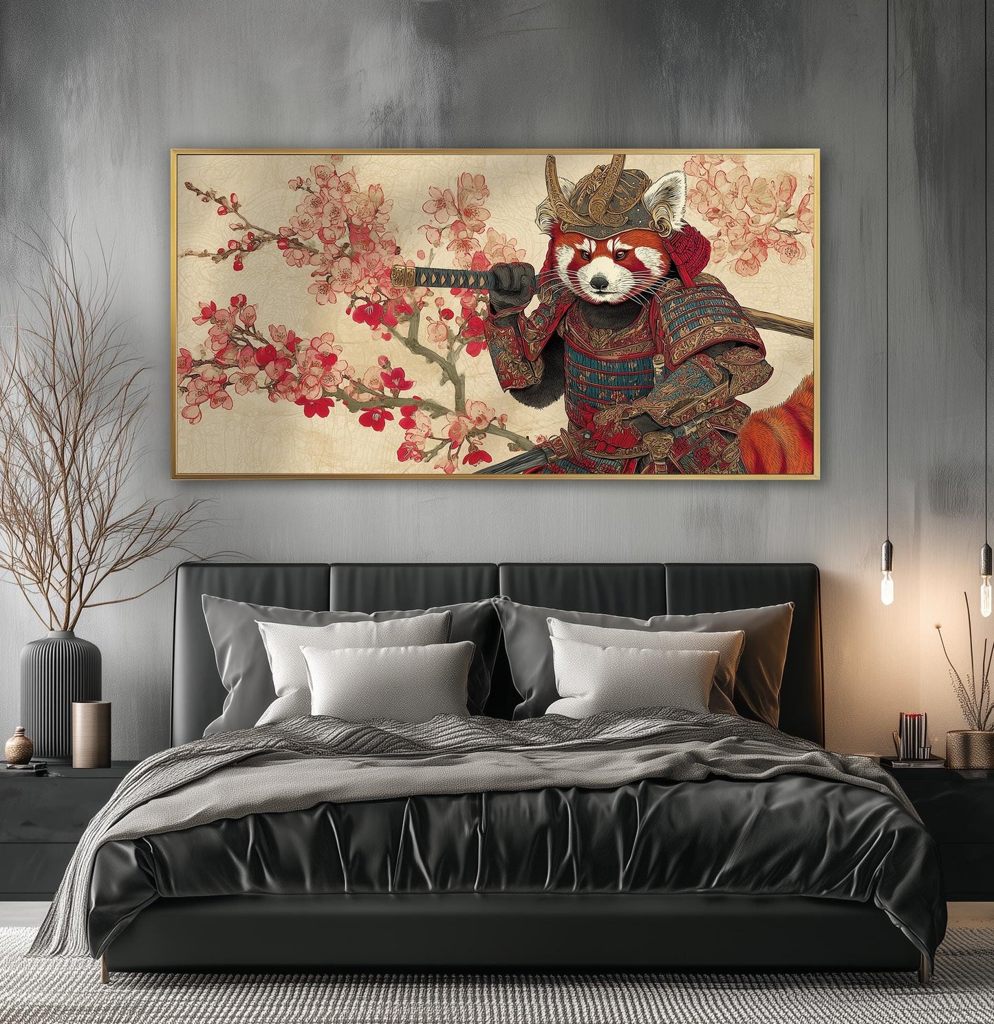 Red Panda Samurai Art Print: Japanese Ukiyo-e Style, Cherry Blossoms
