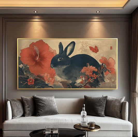 Japanese Rabbit Print, Ukiyo-e Floral Nature Panoramic Wall Art