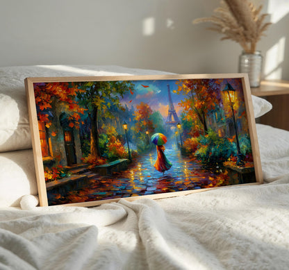 Paris Panoramic Wall Art, Eiffel Tower Print, Rainy Paris Art, Colourful Umbrella, Impressionist Art Print