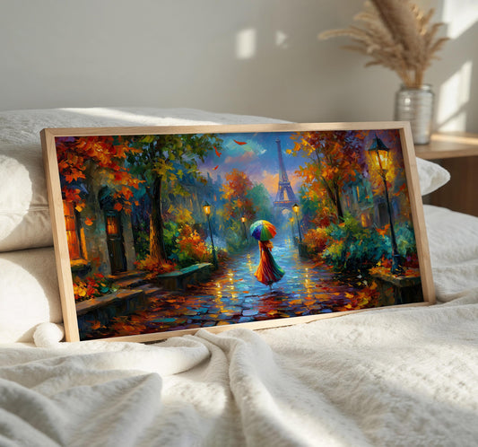 Paris Panoramic Wall Art, Eiffel Tower Print, Rainy Paris Art, Colourful Umbrella, Impressionist Art Print