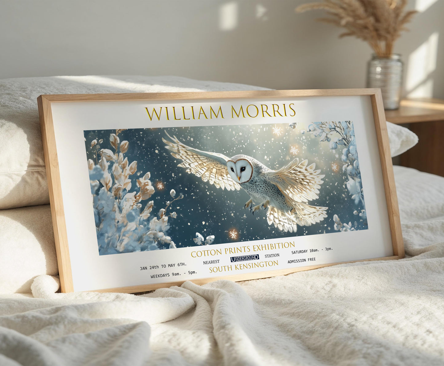 William Morris Owl Panoramic Print – Snowy Barn Owl – Botanical Exhibition Poster