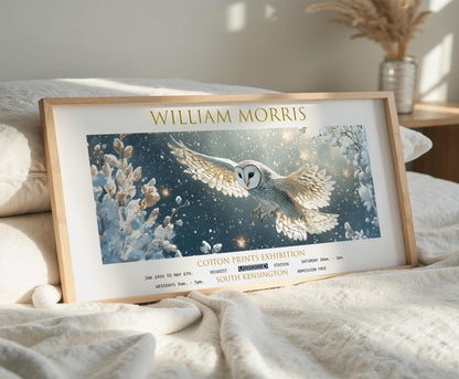 William Morris Owl Panoramic Print – Snowy Barn Owl – Botanical Exhibition Poster