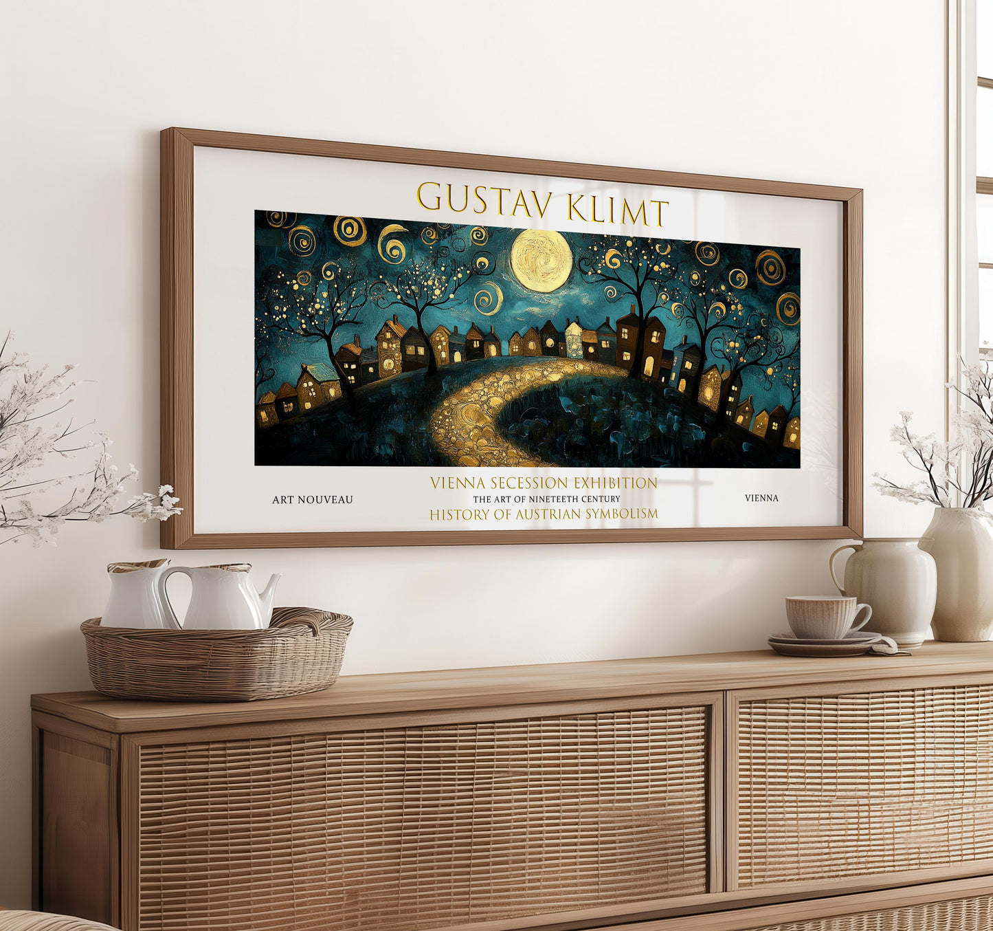 Gustav Klimt Starry Village Print: Art Nouveau Panoramic Wall Art
