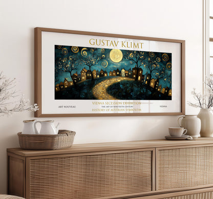 Gustav Klimt Starry Village Print: Art Nouveau Panoramic Wall Art