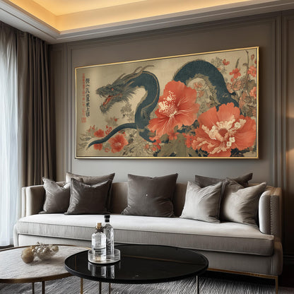 Japanese Dragon Panoramic Print – Ukiyo-e Floral Mythical Wall Art