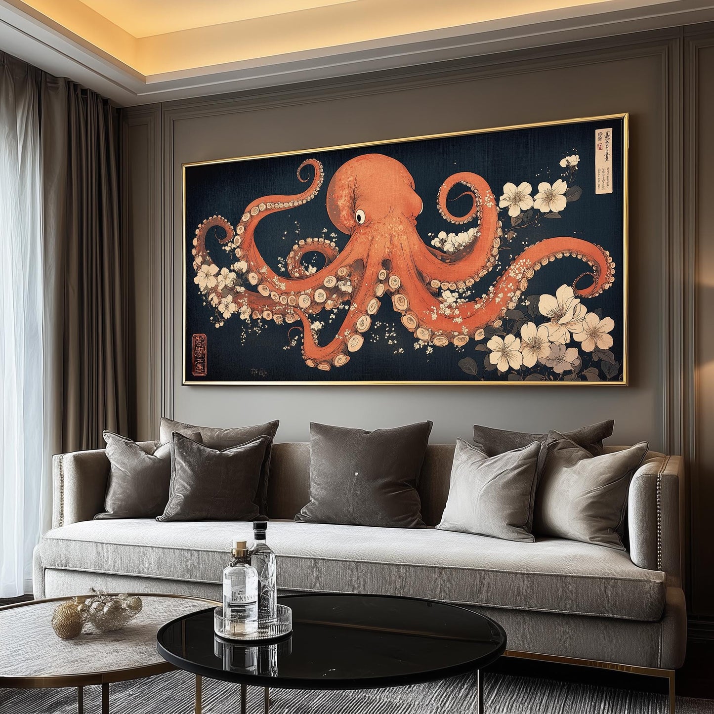 Print, Japanese Octopus Ukiyo-e Style, Panoramic Floral Wall Art