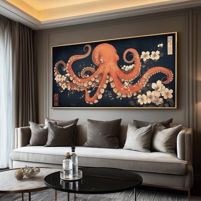 Print, Japanese Octopus Ukiyo-e Style, Panoramic Floral Wall Art