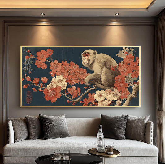 Japanese Monkey Art Print: Ukiyo-e Cherry Blossom Wall Decor