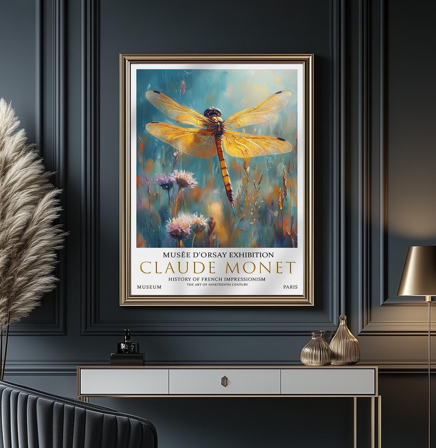 Claude Monet Dragonfly Exhibition Poster: Vintage Wildflowers Art Print