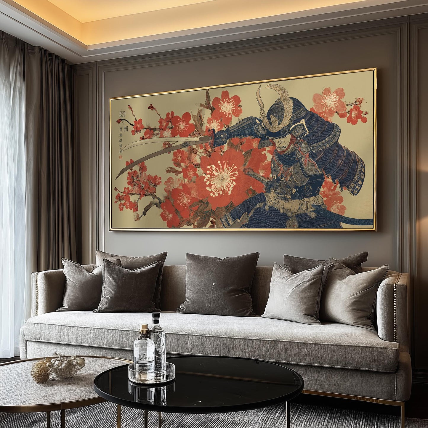 Print, Samurai and Cherry Blossom, Panoramic Japanese Ukiyo-e Wall Art