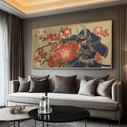 Print, Samurai and Cherry Blossom, Panoramic Japanese Ukiyo-e Wall Art