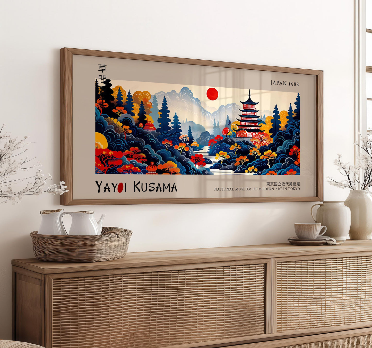 Japanese Landscape Panoramic Print | Yayoi Kusama Art | Red Pagoda Wall Decor | Japandi Poster | Modern Abstract Art Print
