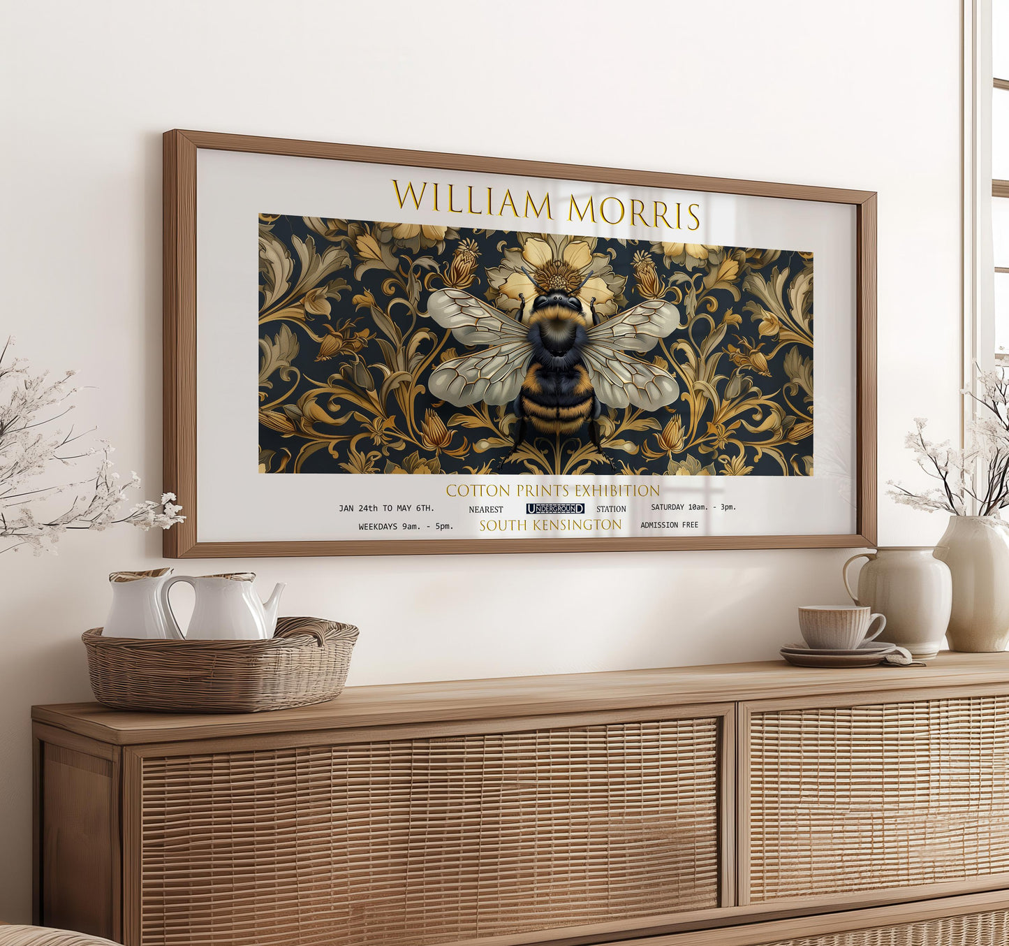 William Morris Gold Bee Print: Vintage Panoramic Textiles Art