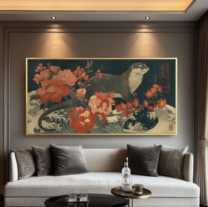 Vintage Otter Poster, Ukiyo-e Floral Art, Japanese Panorama Wall Art