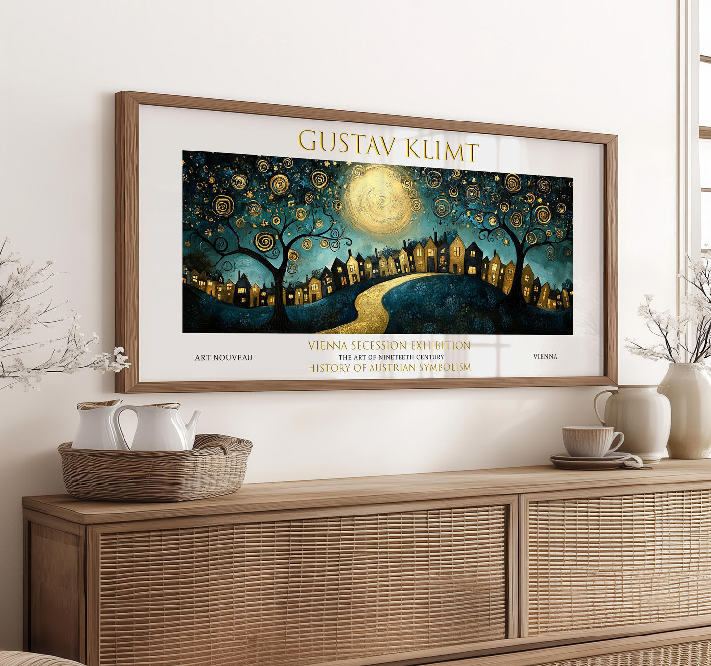 Klimt Night Village Print: Art Nouveau Moonlit Landscape