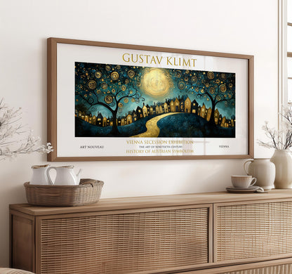 Klimt Night Village Print: Art Nouveau Moonlit Landscape