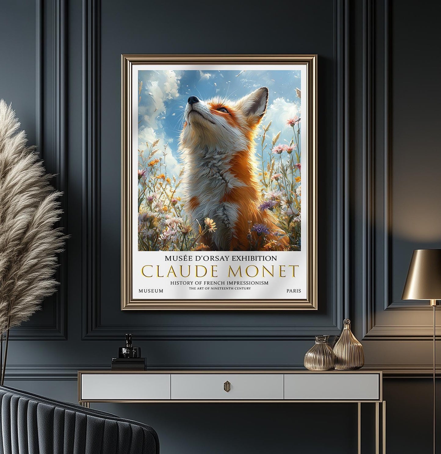 Print, Monet-Inspired Fox in Meadow, Vintage Impressionist Wall Art