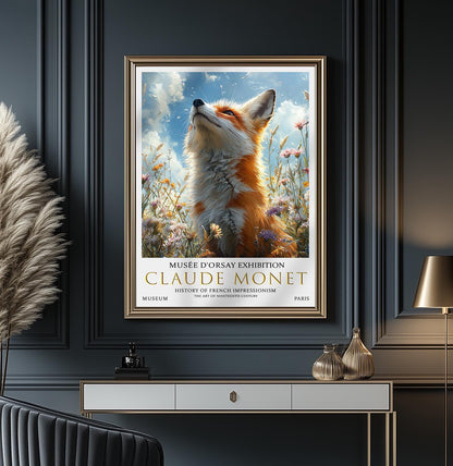 Print, Monet-Inspired Fox in Meadow, Vintage Impressionist Wall Art