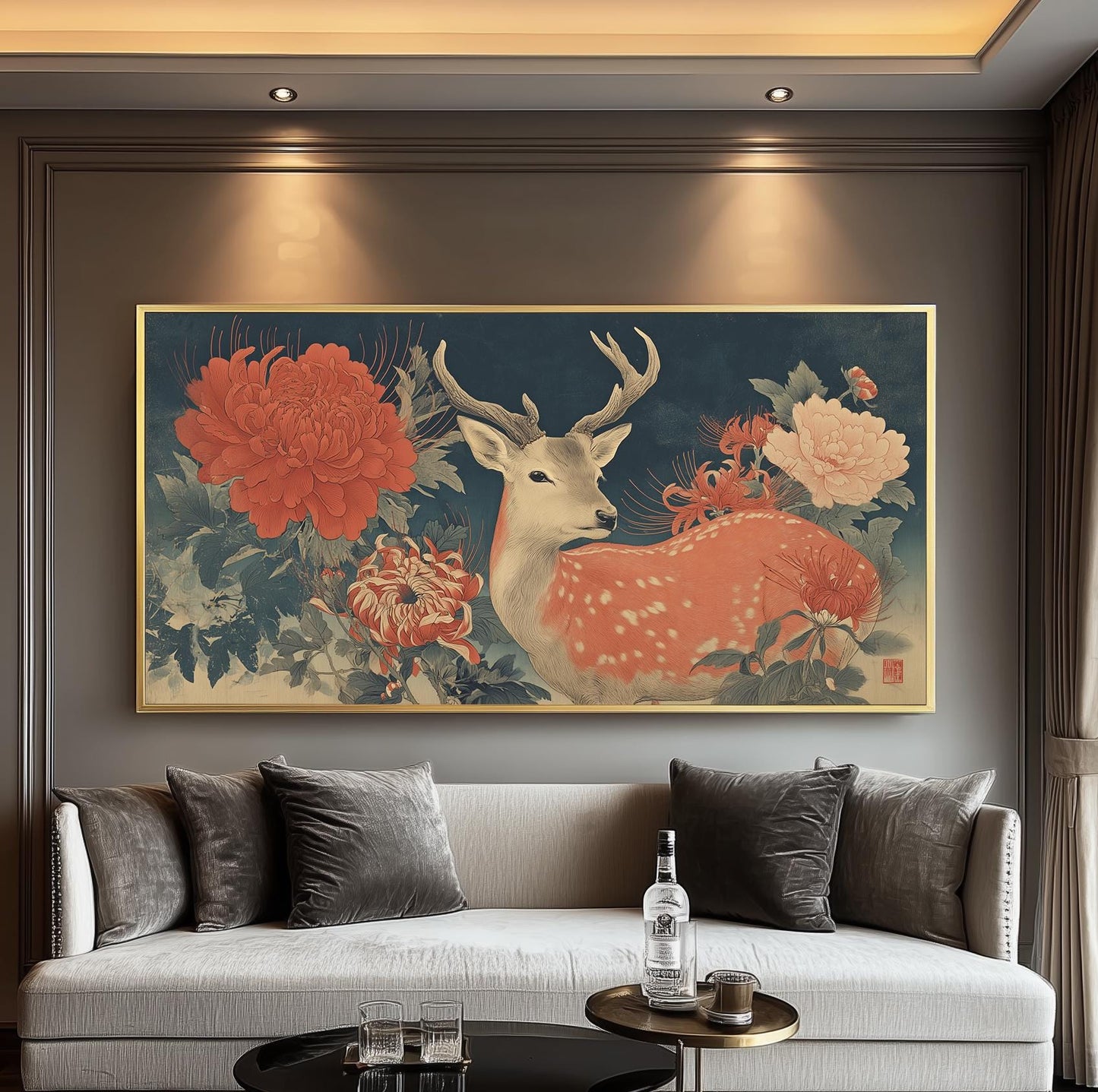 Japanese Sika Deer Art Print: Ukiyo-e Cherry Blossom Floral Artwork