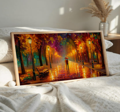 Romantic Umbrella Wall Art, Rainy Autumn Park Print, Panoramic Landscape Art, Impressionist Oil Painting Decor