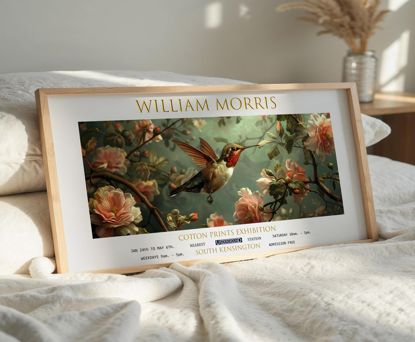 William Morris Hummingbird Print, Vintage Botanical Panoramic Wall Art