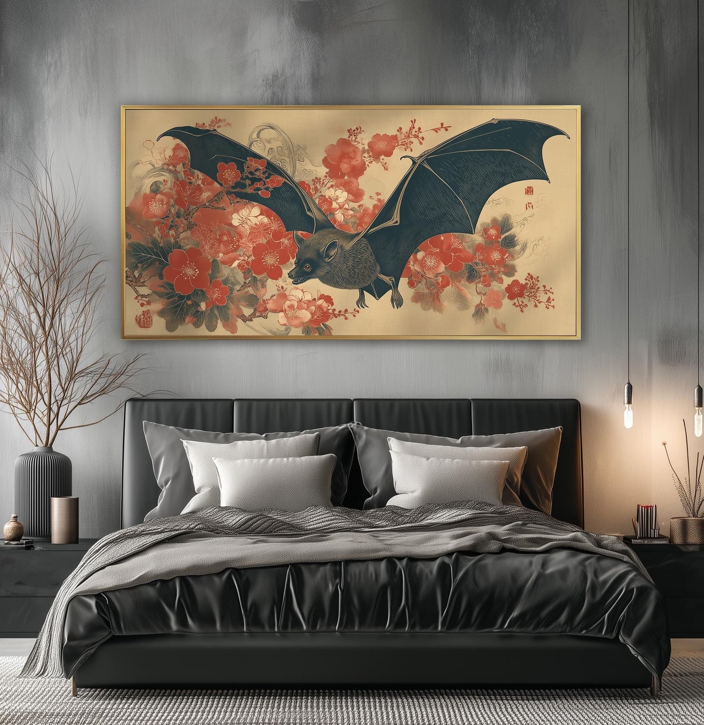 Ryukyu Flying Fox Panoramic Poster Japanese Ukiyo-e Woodblock, Cherry Blossom