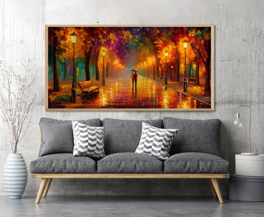 Romantic Umbrella Wall Art – Rainy Autumn Park Print – Panoramic Landscape Art