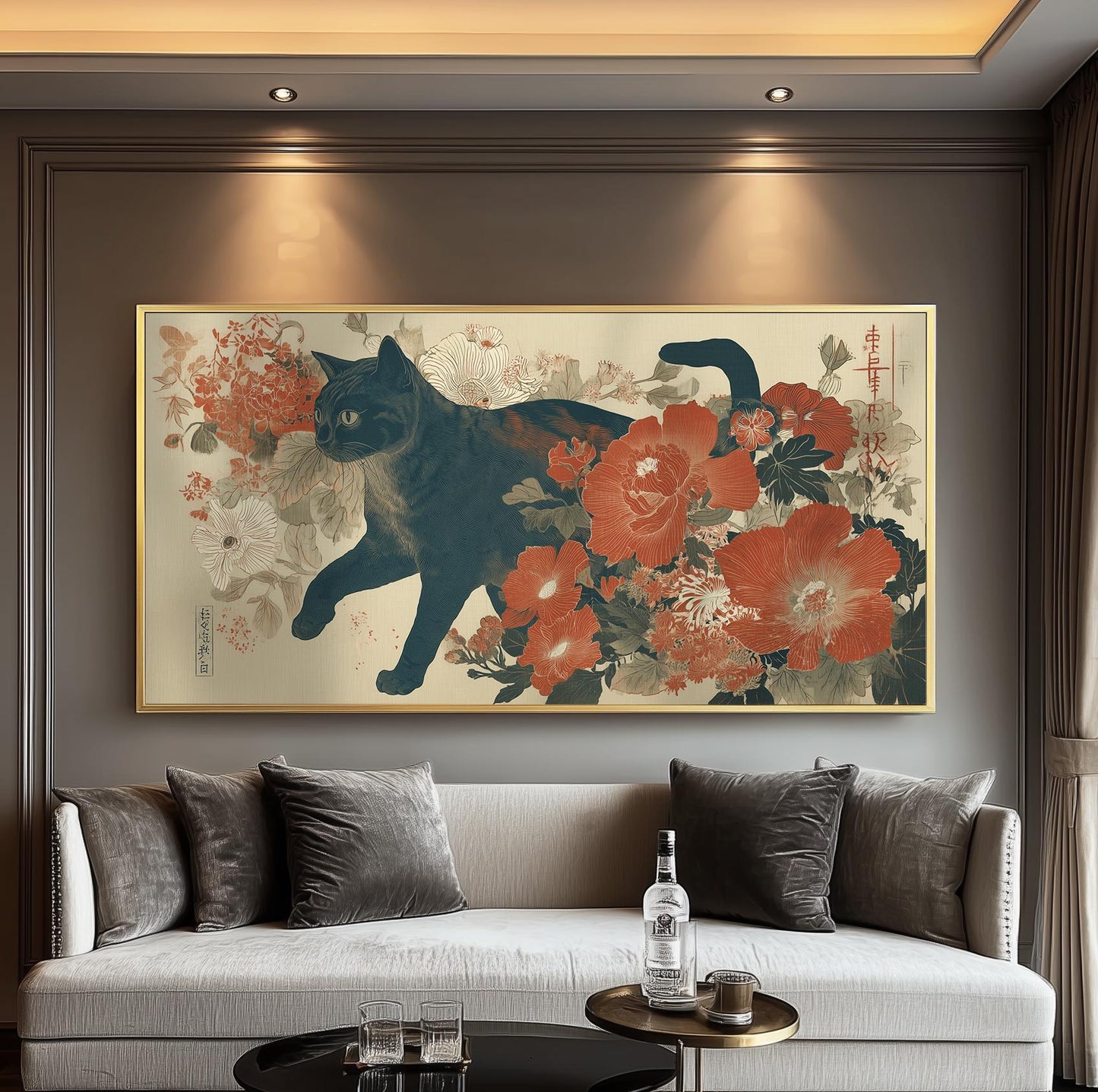 Japanese Black Cat Poster Print, Ukiyo-e Floral Panoramic Print