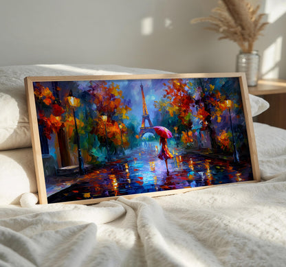 Rainy Paris Wall Art, Eiffel Tower Panoramic Print, Colourful Umbrella Art, Romantic French Wall Decor